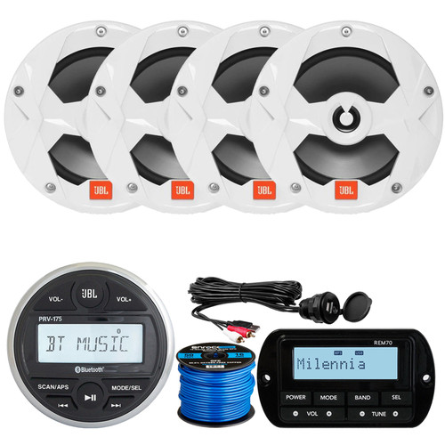 JBL PRV175 Bluetooth USB Marine Gauge Style Stereo Receiver, Milennia REM70 Wired Remote, 4x 6.5" 225W 2-Way Marine White Speakers, 50FT Wire 16 gauge, USB/AUX Interface Mount