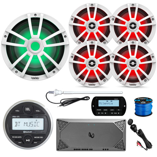 JBL PRV175 Marine Receiver, Remote, 4X 6.5" 225W LED Speaker, 10" 750W LED Subwoofer, White Long Range Antenna, 50FT Wire 16 gauge, 1800W 5-CH Amp, USB/AUX Interface