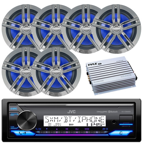 JVC KD-X38MBS Single DIN Marine MotorSports Bluetooth USB AUX LED Stereo Amazon Alexa Receiver, 6x 6.5" Marine 2-Way 180 Watts Charcoal Loudspeaker, Pyle 4-Channel Marine Amplifier