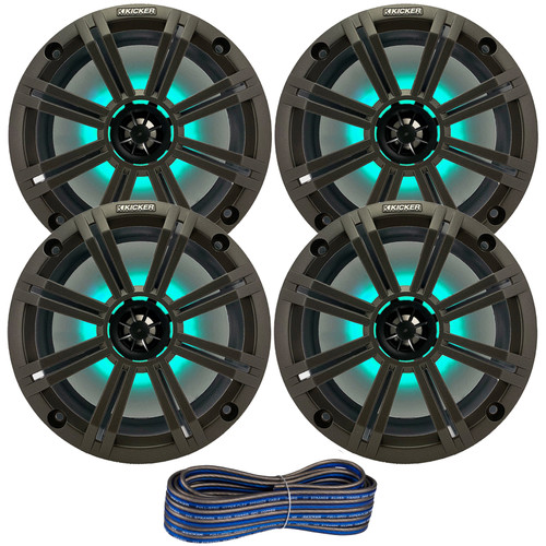 2 Pair (QTY 4) of Kicker 8" 2-Way 300 Watts Max Power Coaxial Marine Audio MultiColor LED Speakers with Charcoal Grilles, 50-Feet 16-Gauge Speaker Wire