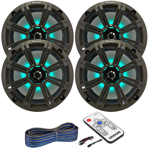 2 Pair (QTY 4) of Kicker 8" 2-Way 300 Watts Max Power Coaxial Marine Audio MultiColor LED Speakers with Charcoal Grilles, LED Speaker Remote Control, 50-Feet 16-Gauge Speaker Wire
