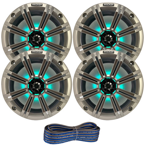 2 Pair (QTY 4) of Kicker 8" 2-Way 300 Watts Max Power Coaxial Marine Audio MultiColor LED Speakers with Silver Grilles, 50-Feet 16-Gauge Speaker Wire
