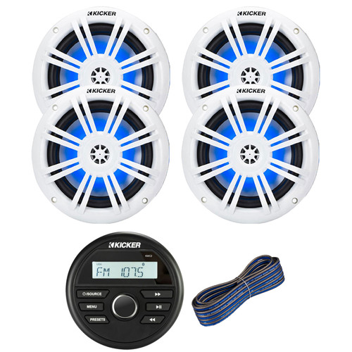 Kicker All-Weather Marine Gauge Style Bluetooth USB Stereo Receiver with 2 Pair (Qty 4) 6.5" 150 Watt Max Blue Flashing LED Boat Audio White Speakers w/50 Feet 16-Gauge Speaker Wire