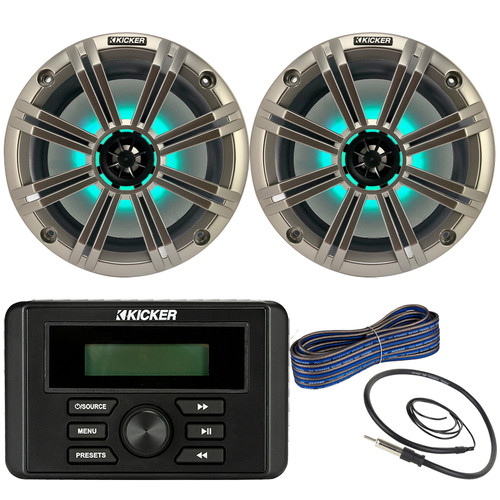 Kicker Weather-Resistant Marine Bluetooth USB RCA Stereo Receiver Bundle Combo with (QTY 2) 8" 2-Way 300W Max Coaxial Marine LED Speakers w/ Silver Grilles, 50-Ft 16-Gauge Wire, Antenna