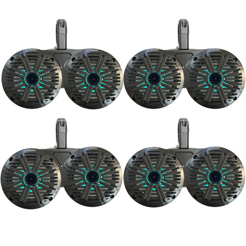 4 Pair (QTY 8) of Kicker 6.5" 2-Way 195 Watts Max Power Coaxial Marine MultiColor LED Speakers with Charcoal Salt Water Grilles, 6.5" Marine Tower Dual Speaker Enclosures (2 Pair) - Black
