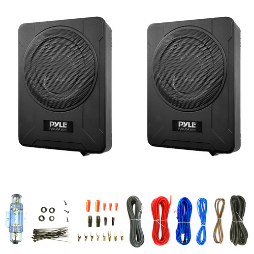 One Pair (QTY 2) Of Pyle PLBX8A 8” 600 Watts Max Power Low-Profile Active Amplified Car Audio Subwoofer, Suitable for Under-seat Installations with 8 Gauge Amplifier Wiring Installation Kit