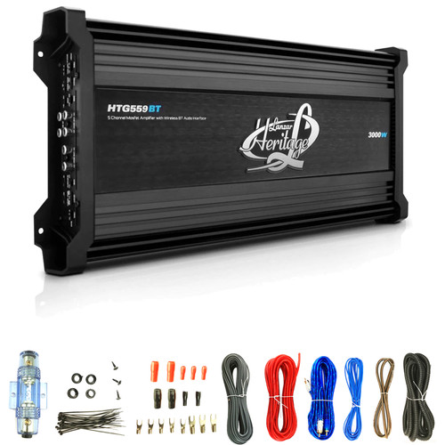 Lanzar HTG559BT 5-Channel 2000 Watt Max Power Bluetooth MOSFET Car Audio Amplifier Bundle Combo with 8 Gauge Complete Amplifier Wiring Installation Kit