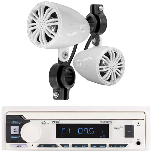Pyle PLMRB29W2 Single DIN Marine Bluetooth USB/AUX MP3 Player AM/FM Radio Stereo Receiver, 2x Pyle PLMR22WT 2.25" 10 Watt Max Power Waterproof Full Range Off-Road White Boat Speakers