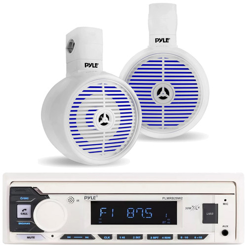 Pyle PLMRB29W2 Single DIN Marine Bluetooth USB/AUX MP3 Player AM/FM Radio Stereo Receiver, 2x Pyle PLMRWK83WT 8" 300W Max 2-Way Water-Resistant Wakeboard RGB LED White Boat Mini Box White Speakers