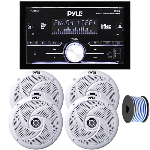 Pyle PLRDN43 Single Din Bluetooth USB/AUX/MP3 Stereo Amplifier Receiver w/Remote, 2 Pair (QTY 4) of Pyle PLMRS8W 8" 320 Watt Peak Power 2-Way Low-Profile Marine Speakers (White) with Speaker Wire
