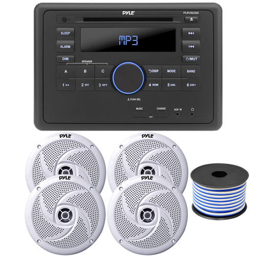 Pyle PLRVSD300 Single Din Bluetooth RCA/HDMI/MP3 DVD Stereo Amplifier Receiver w/Remote, 2 Pair (QTY 4) of Pyle PLMRS8W 8" 320 Watt Peak Power 2-Way Marine Speakers (White) with Speaker Wire