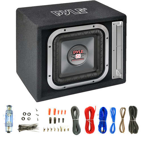 Pyle PLSQ10BS 10" Single Series 800 Watts Max Power Rear Vented Car Audio Subwoofer Enclosure Bundle Combo With Enrock EAKIT8G 8 Gauge Amplifier Wiring Installation Kit