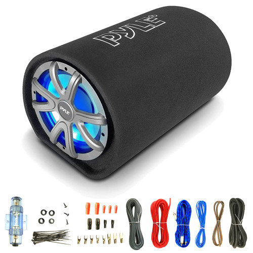 Pyle PLTAB101 10" 500 Watt Max Power Rear Vented Tube Car Audio LED Subwoofer Enclosure Bass System Bundle Combo with 8 Gauge Wiring Installation Kit