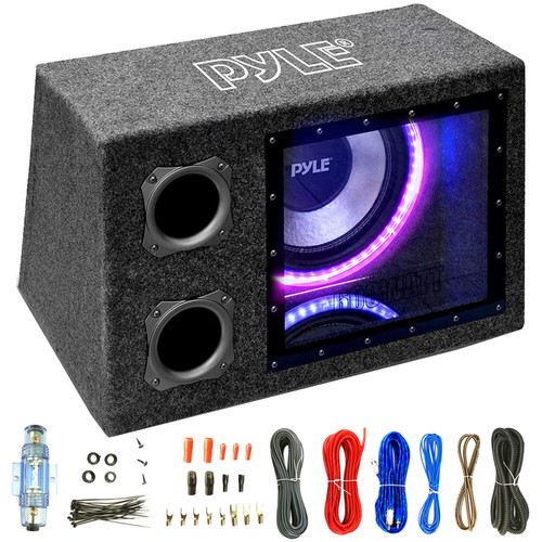 Pyle PLBNPS12 12" Single Series 600 Watt Max Power 4 Ohms Rear Vented LED Subwoofer Enclosure w/Remote Bundle Combo With 8 Gauge Amplifier Wiring Installation Kit
