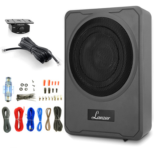 Lanzar SBA8A 8” 600 Watt Peak Power Compact Low-Profile Amplified Underseat Car Audio Subwoofer with 8 Gauge Complete Wiring Installation Kit