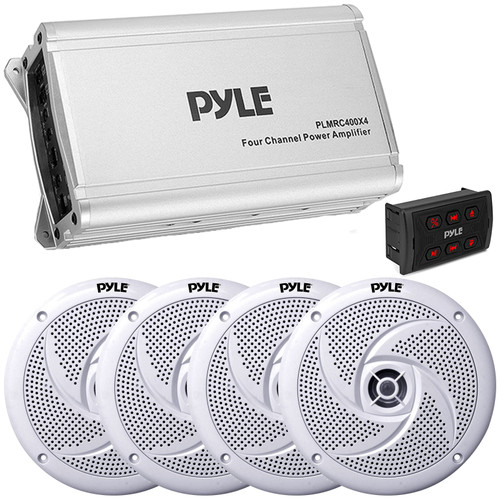 Pyle PLMRC400X4 800 Watt Peak Power 4 Channel Marine Class D Compact Amplifier with 2 Pair (QTY 4) of Pyle PLMRS8W 8" 320 Watt Peak Power 2-Way Marine Speakers (White), Wireless Receiver Remote