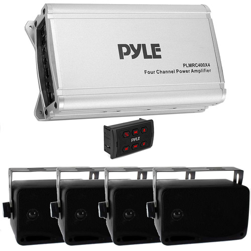 Pyle PLMRC400X4 800 Watt Peak Power 4-Channel Marine Class D Compact Amplifier w/ 2 Pair of Pyle PLMR24B 3.5'' 200 Watt 3-Way Weather Proof Mini Box Speaker System (Black), Wireless Receiver Remote