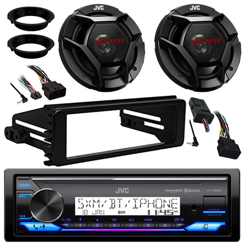 JVC KD-X38MBS Single DIN Marine MotorSports Bluetooth USB/AUX LED AM/FM Radio SiriusXM Ready Stereo Receiver W/Install Kit, 2x 6.5" 300W Max 2-Way Speakers W/Adapters, Handlebar Control Interface