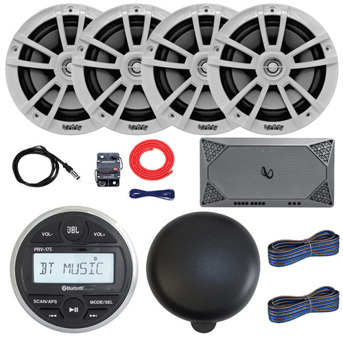 JBL PRV-175 Marine Bluetooth USB/AUX AM/FM Radio Gauge Style Digital Media Stereo Receiver W/Cover, 4x 6.5" 225W Max High-Performance White Speakers, 4-Channel Amplifier W/Kit, Antenna, 2x Wire