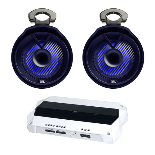 Pair of JBL Tower X MT8HLB 8" 450 Watts Peak 2-Way Black Marine Mulit-Color RGB LED Speakers with JBL MA704 1000 Watt Peak Weather Resistant 4 Channel Amplifier