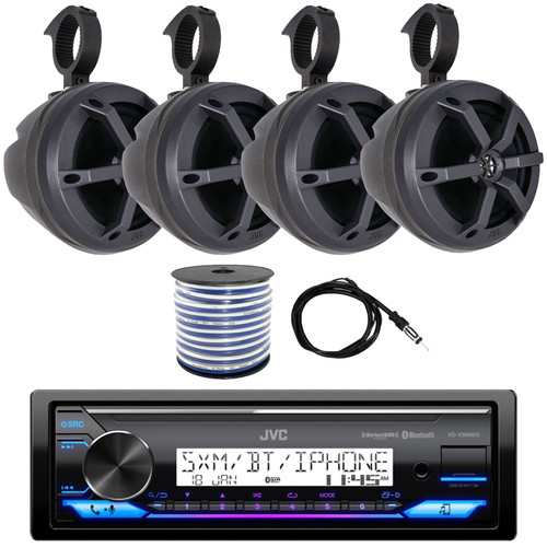 JVC Single DIN Marine Bluetooth USB AUX AM/FM Digital Media Receiver Bundle Combo with 6.5" 2-Way 100W Max Power Boat Speakers (2 Pair), 6.5" Black Unloaded Speaker Pods (2 Pair), Wire, Antenna