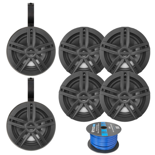 3 Pairs (QTY 6) of Enrock 6.5" 180 Watt Peak Power 2-Way Marine Audio Black Boat Speakers Bundle Combo with (QTY 2) 6.5" Black Unloaded Speaker Pods, 50ft Wire