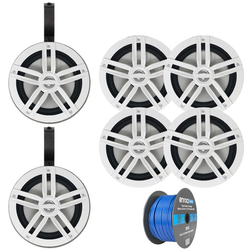 3 Pairs (QTY 6) of Enrock 6.5" 180 Watt Peak Power 2-Way Marine Audio White Boat Speakers Bundle Combo with (QTY 2) 6.5" Black Unloaded Speaker Pods, 50ft Wire