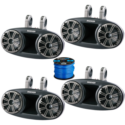 2 Pair (QTY 4) of Kicker KMT67 6.75" 300 Watt Peak Power Full Range 2-Way WeatherProof Black Tower Speakers with Speaker Wire