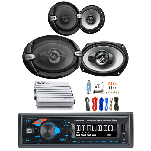 Dual XRM59BT Single DIN Bluetooth USB/AUX AM/FM Radio Digital Media Car Audio Receiver, 2x 6x9" 500W Max 3-Way Speakers, 2x 6.5" 300W Max 2-Way Coaxial Speakers, 4 Channel Amplifier w/Install Kit