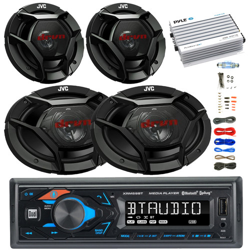 Dual XRM59BT Single DIN Bluetooth USB/AUX AM/FM Radio Digital Media Car Audio Receiver, 2x 6x9" 500W Max 3-Way Automotive Speakers, 2x 6.5" 300W Max 2-Way Speakers, 4 Channel 400W Max Amplifier w/Kit