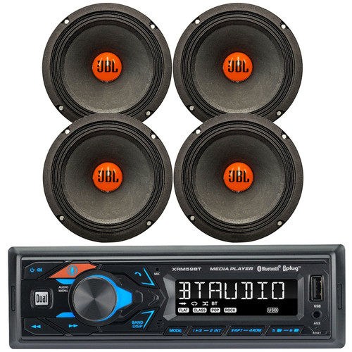 Dual XRM59BT Single DIN Bluetooth USB AUX AM/FM Digital Media Receiver, 2X JBL SHOCKWAVE150W65 6.5" 300 Watt Peak Power Midrange Woofer Car Audio Speakers