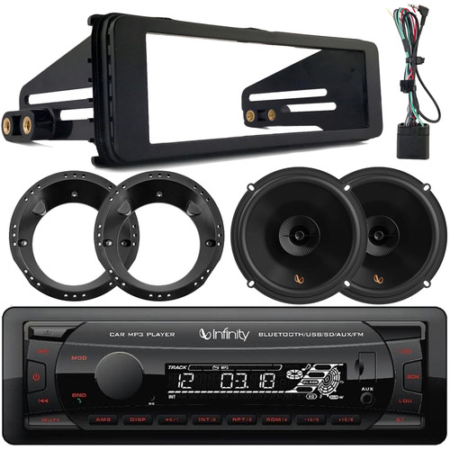 Infinity Alpha 100 Single DIN Bluetooth USB/AUX SD MP3 Player FM Radio Digital Media Receiver W/Install Kit, 2x 6.5" 150W Max 2-Way Multi-Element Speakers W/Adapters (Fits 1998-2013 HD Motorcycles)