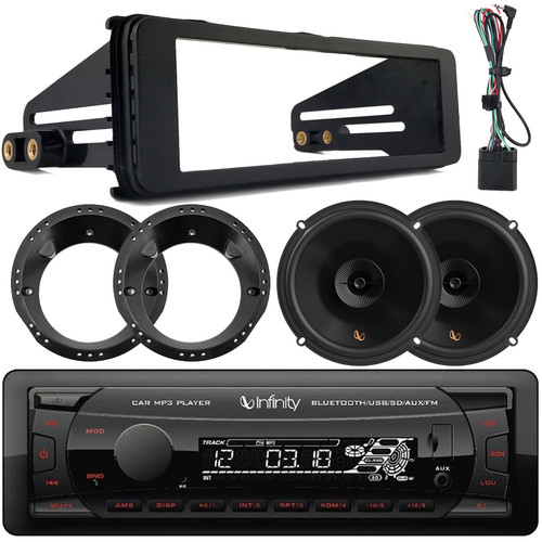 Infinity Alpha 100 Single DIN Bluetooth USB/AUX SD MP3 Player FM Radio Digital Media Receiver W/Install Kit, 2x 6.5" 150W Peak 2-Way Multi-Element Speakers W/Adapters (Fits 1998-2013 HD Motorcycles)