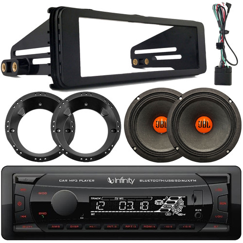 Infinity Alpha 100 Single DIN Bluetooth USB/AUX MP3 Player SD FM Radio Digital Media Receiver W/Install Kit, 2x 6.5" 300W Max Power Midrange Woofer Speakers W/Adapters (Fits 1998-2013 Harley Davidson)