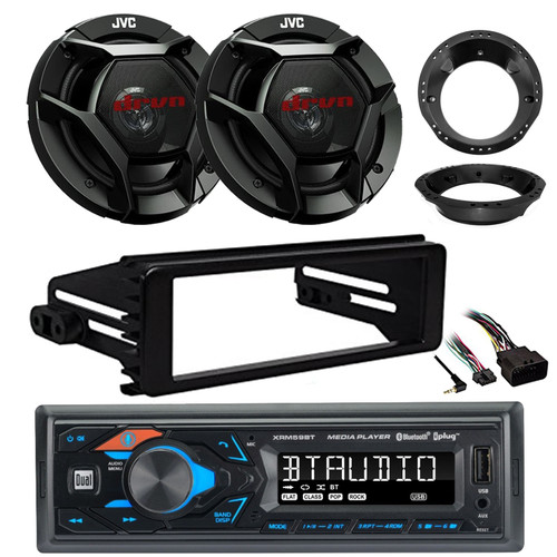 Dual XRM59BT Single DIN Bluetooth USB AUX AM/FM Receiver, 6.5" 300 Watt Peak Power 2-Way Car Audio Speakers (Pair), Stereo Install Kit, Speaker Adapters (Fits Select 1998-2013 HD Touring Motorcycles)