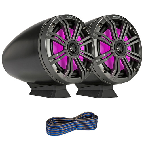 Kicker KMFC 6.5" 195 Watt Max Power Flat Mount Coaxial Black Marine Loaded Boat Tower Speakers w/ MultiColor LEDs (Pair) Bundle Combo with 50-Feet 16-Gauge Speaker Wire