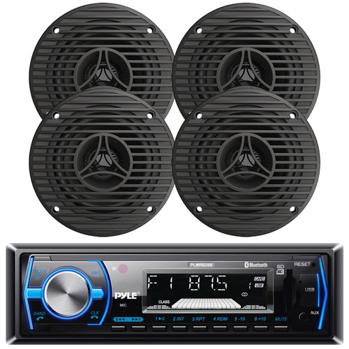 Pyle PLMRB29B Single DIN Bluetooth Marine MP3 In-Dash Stereo Receiver w/ Remote Control (Black) with Milennia 3.5" 75 Watt Peak High Performance Full Range All Weather Graphite Grey Speakers (QTY 4)