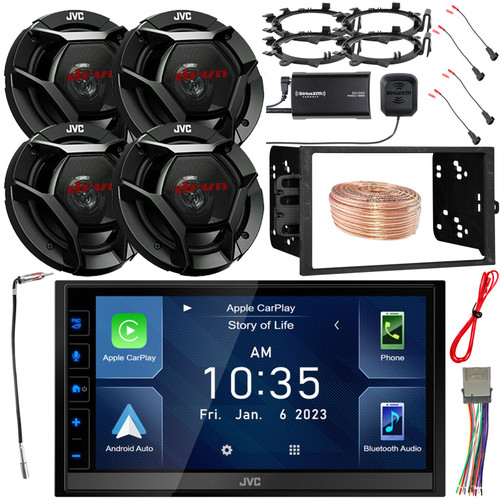 JVC KW-M788BH 6.8" Touchscreen Stereo Receiver, 6.5" 300W Speaker (QTY 4) w/Satellite Radio Tuner, Wire, 4x Harness, Radio Harness, 4x Adapters, Antenna Adapter, Install Kit (select 00-08 GM Vehicles)