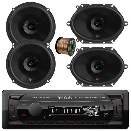 Single DIN Bluetooth USB/AUX/SD FM Radio MP3 Player Digital Media Black Car Receiver with 6.5" 2-Way Automotive Speakers (Pair), 6x8" 2-Way Multi-Element Vehicle Speakers (Pair), Speaker Wire