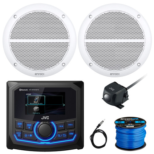 KD-MR305BTS Marine 2.7" LCD Digital Media Bluetooth USB AUX AM/FM/ Receiver Bundle Combo w/ 2x 6.5" 90 Watts White 2-Way Full Range Yacht Boat Speakers, Rear View Backup Camera + Speaker Wire, Antenna