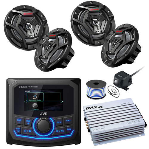 Digital Media MotorSports Marine 2.7" LCD Bluetooth USB AUX AM/FM Receiver Bundled with, 4x 6.5" 150 Watt Black Waterproof Boat Speakers, w/ 4-CH 400W Marine Amp, Rear View Color Backup Camera + Wire
