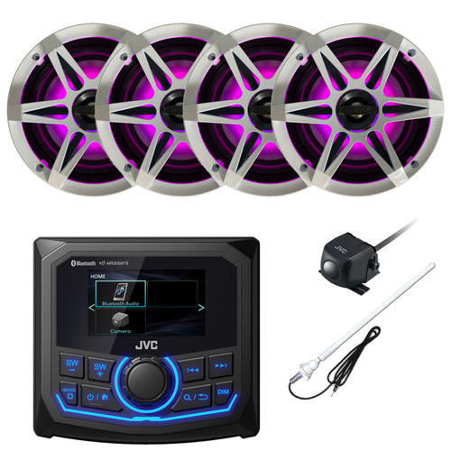 Marine MotorSports 2.7" LCD Digital Media Bluetooth USB AUX AM/FM Receiver Bundle Combo With, 4x 6.5" 120 Watt Mulitcolor LED Speakers + White Speaker Grilles, Rear View Backup Camera, Boat Antenna