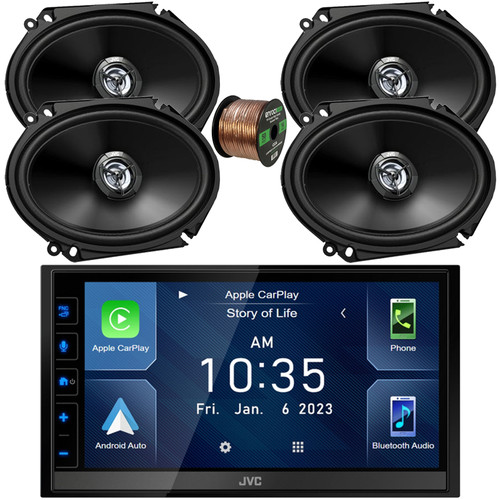 In-Dash 6.8" WVGA Touchscreen Double DIN Bluetooth USB/HDMI HD Radio Digital Media Receiver, 6x8" 300 Watt Peak Power 2-Way Car Audio Coaxial Speakers (QTY 4) with 16 Gauge 50 Ft Wire