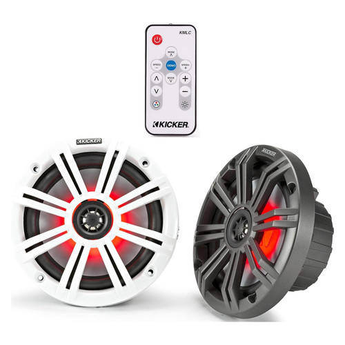 Kicker 45KM654L 6.5" 195 Watt Max Power Marine Multicolor LED Speakers w/Charcoal and White Grilles (Pair) and Kicker 41KMLC Marine LED Remote Control