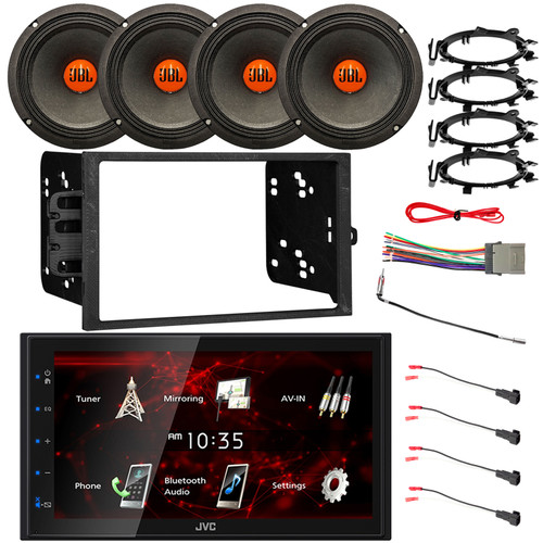 JVC KW-M180BT 6.8" Touchscreen Double DIN Bluetooth USB Stereo Receiver, 4x 6.5" 300W Car Speakers w/Adapters, Radio + Speaker Harness, Antenna Adapter, Install Kit For Select 95-Up GM Vehicles