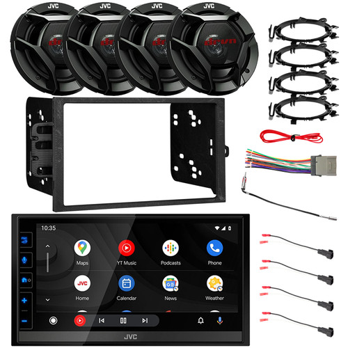 JVC KW-M785BW 6.8" Touchscreen HDMI/WiFi Bluetooth USB Stereo Receiver, 4x JVC DR621 6.5" 300W Speakers w/Adapter, Radio + Speaker Harness, Antenna Adapter, Install Kit For Select 95-Up GM Vehicles