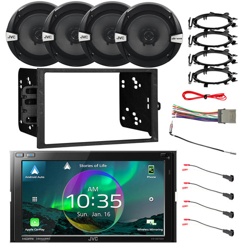 JVC KW-M875BW 6.8" Touchscreen HDMI/WiFi Bluetooth USB Stereo Receiver, 4x JVC DR162 6.5" 300W Speakers w/Adapters, Radio + Speaker Harness, Antenna Adapter, Install Kit For Select 95-Up GM Vehicles