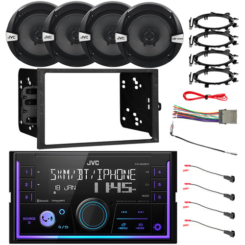 JVC KW-X850BTS Double DIN USB/AUX Bluetooth AM/FM Stereo Receiver, 4x JVC DR162 6.5" 300W Speakers w/Adapters, Radio + Speaker Harness, Antenna Adapter, Install Kit For Select 95-Up GM Vehicles