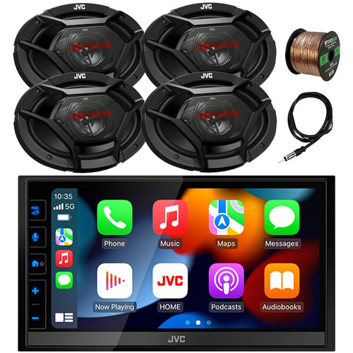 In-Dash Double DIN 6.8" Touchscreen HDMI Bluetooth USB Digital Multimedia Car Radio Receiver, 4x 6x9" 500 Watt Max 3-Way Vehicle Audio Speakers, 22" Antenna, 16 Gauge 50 ft Speaker Wire