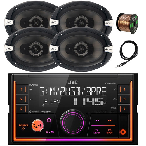 JVC Double DIN In-Dash USB/AUX Bluetooth AM/FM Digital Media Car Radio Receiver, 4x 6x9" 500 Watt Max 3-Way Automotive Audio Speakers, 22" Antenna, 16 Gauge 50 ft Speaker Wire